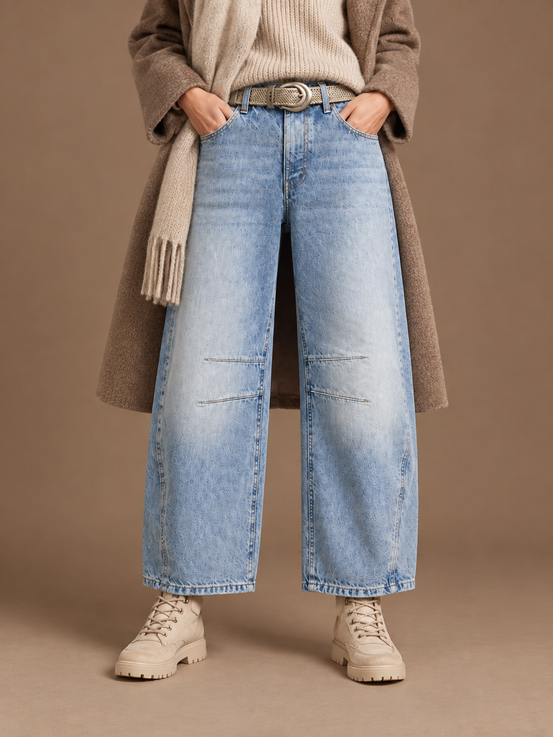 Women's Leopard Print Barrel-Leg Jeans, Mid-Rise Ankle-Length Wide-Leg Denim Trousers