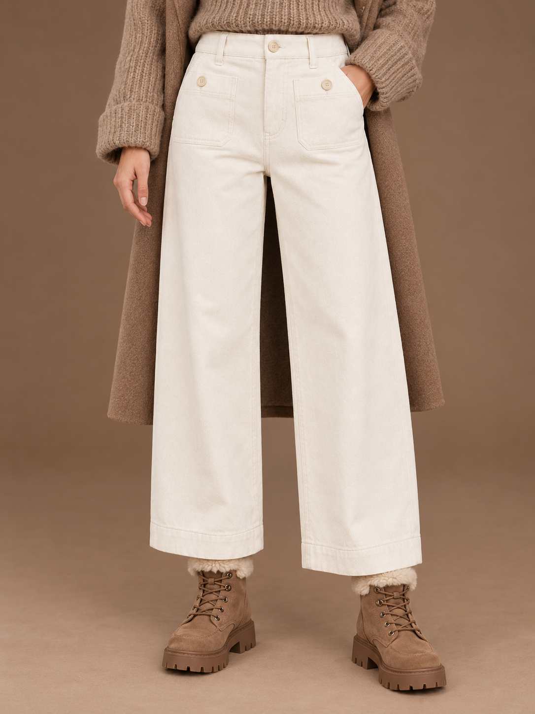 Women's High Waisted Jeans with Front Pockets - Wide Leg Denim Trousers