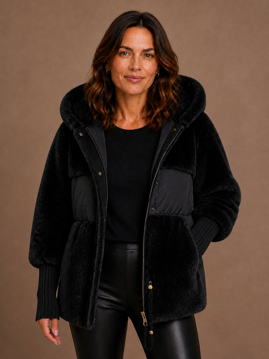 Women's Plush Hooded Winter Coat with Faux Fur Panels and Quilted Detail - Black
