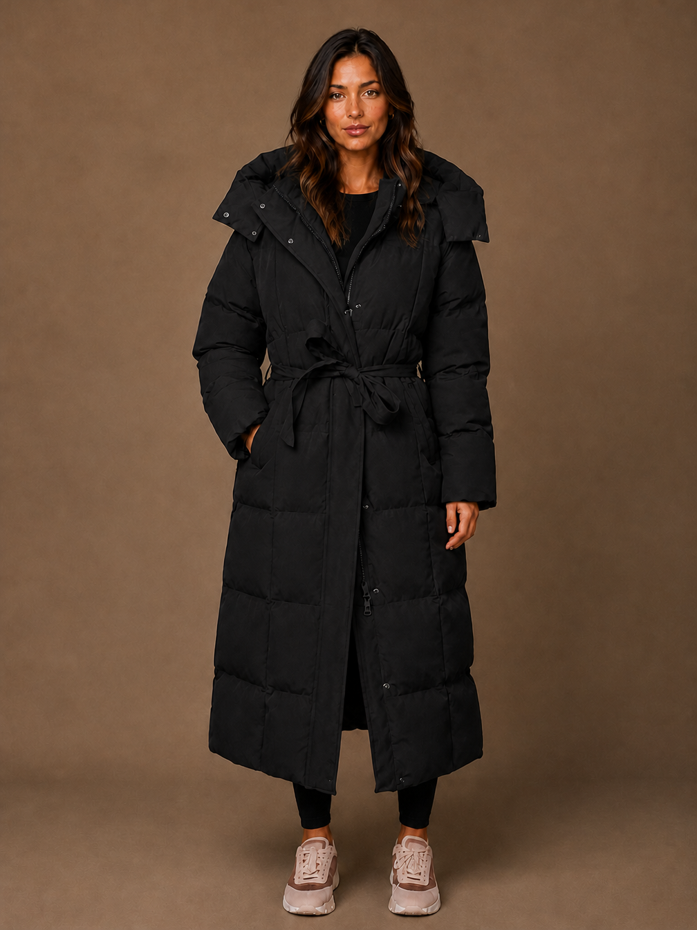 Women's Longline Quilted Puffer Coat with Hood and Tie Waist - Black