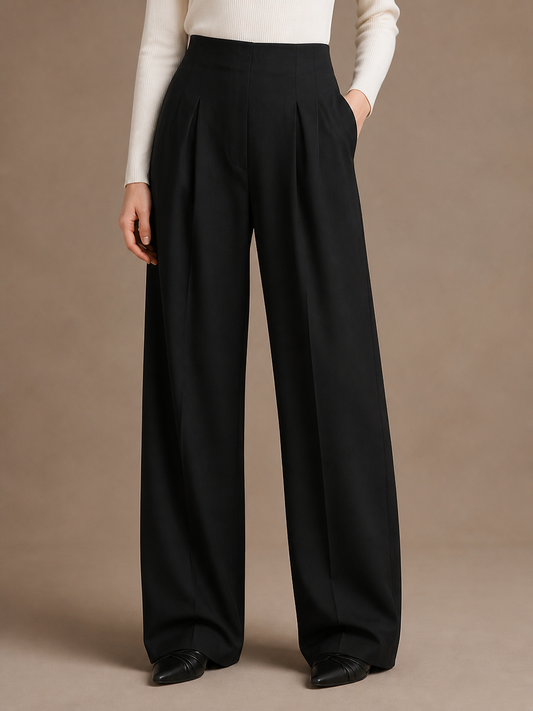 Women's High-Waisted Wide-Leg Draped Trousers with Elastic Waist - Black
