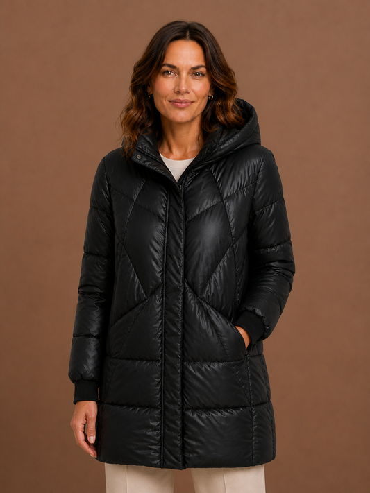 Women's Long Hooded Puffer Jacket for Winter – Full-Length Coat - Black