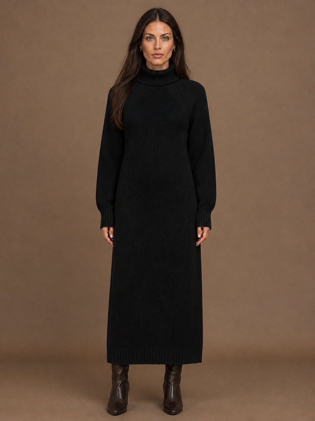 Women's Turtleneck Sweater Dress - Ribbed Knitted Winter Maxi Dress - Black