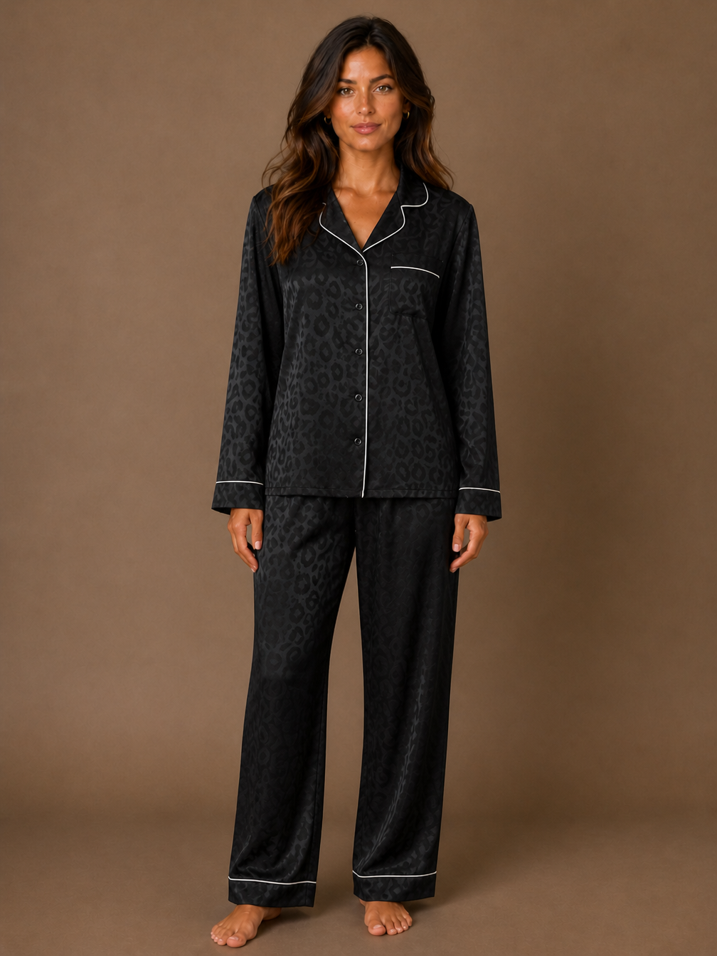 Women's Satin Pyjama Set, Leopard Jacquard Long Sleeve Button-Front Top and Relaxed Trousers - Black