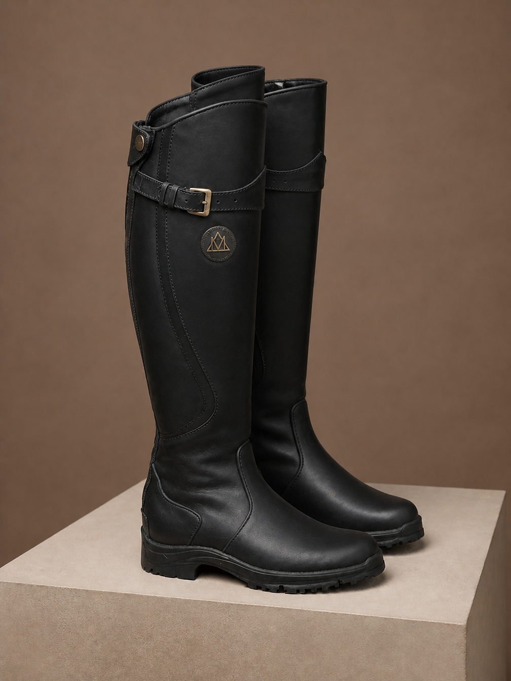 Women’s Brown Knee High Boots – Faux Leather, Buckle Detail, Riding Style - Black