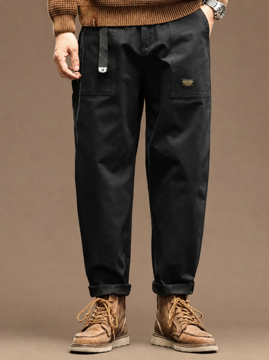 Men's Wide-Leg Cargo Trousers with Pleated Waist and Flap Pockets - Black