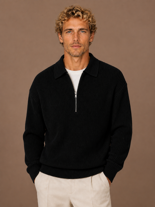 Men's Quarter Zip Sweater Oversized Knit Pullover with Long Sleeves - Black