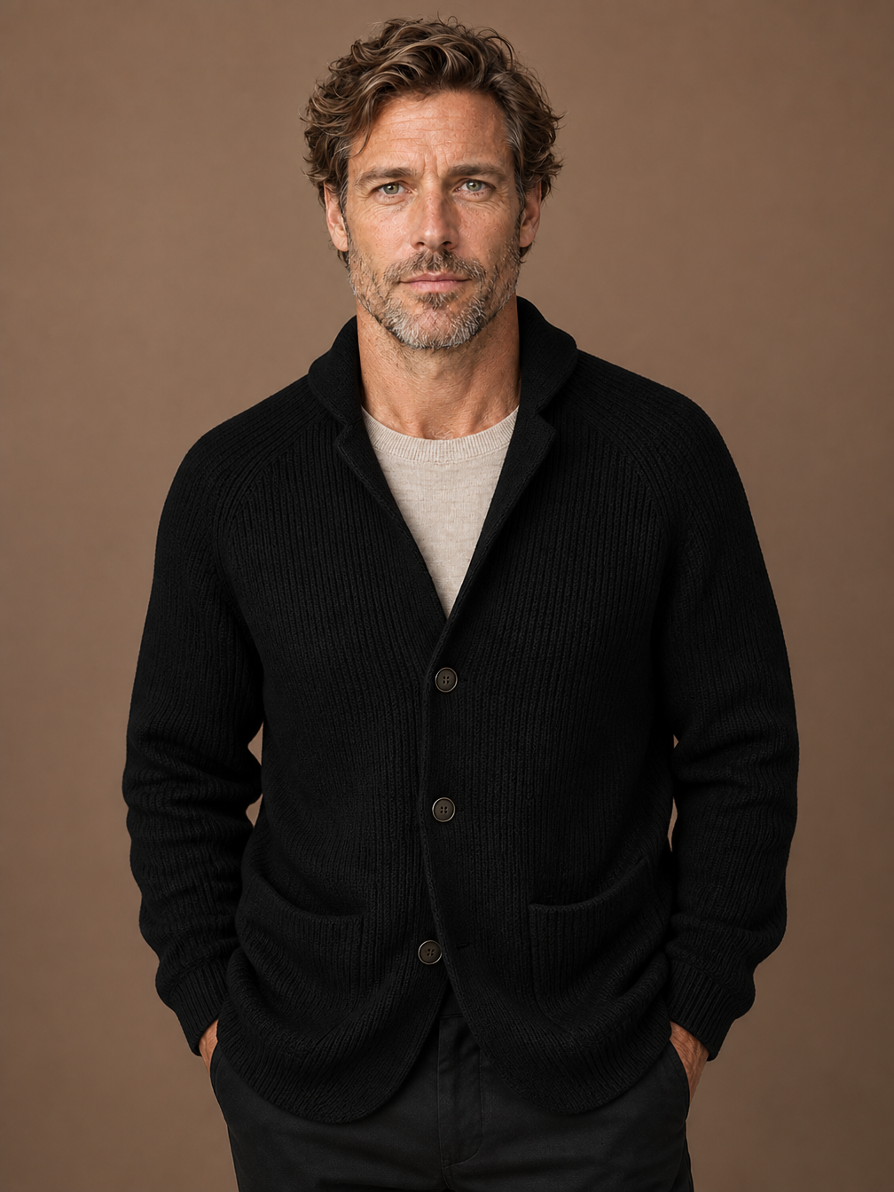 Men's Ribbed Wool Blend Cardigan - Vest with Shawl Collar and Pockets - Black