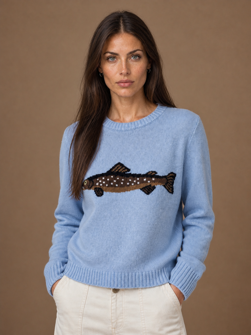 Women's Fish Motif Crew Neck Knit Sweater, Relaxed Oversized Fit, Wool Blend - Blue