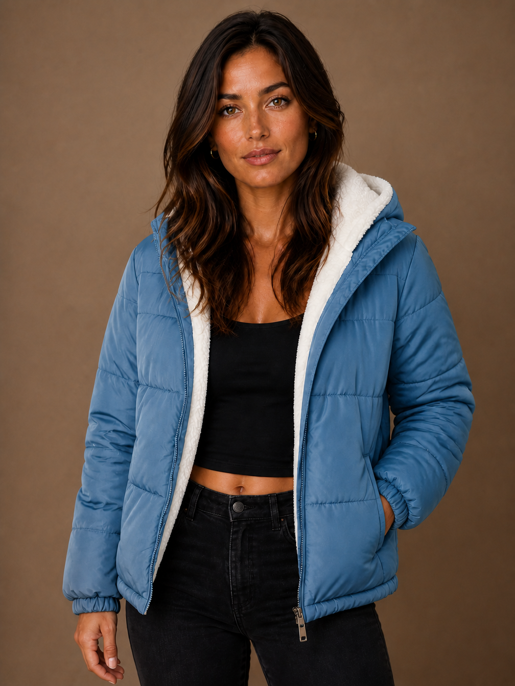 Women's Sherpa-Lined Hooded Puffer Jacket with Quilted Padding and Full-Length Zip - Blue