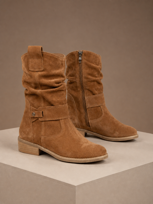 Women's Suede-Effect Slouch Mid-Calf Boots with Low Block Heel and Side Zip - Brown