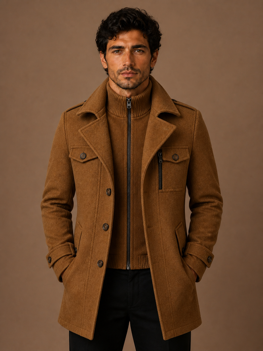 Men’s Wool Overcoat – Longline Structured Fit Winter Jacket - Brown