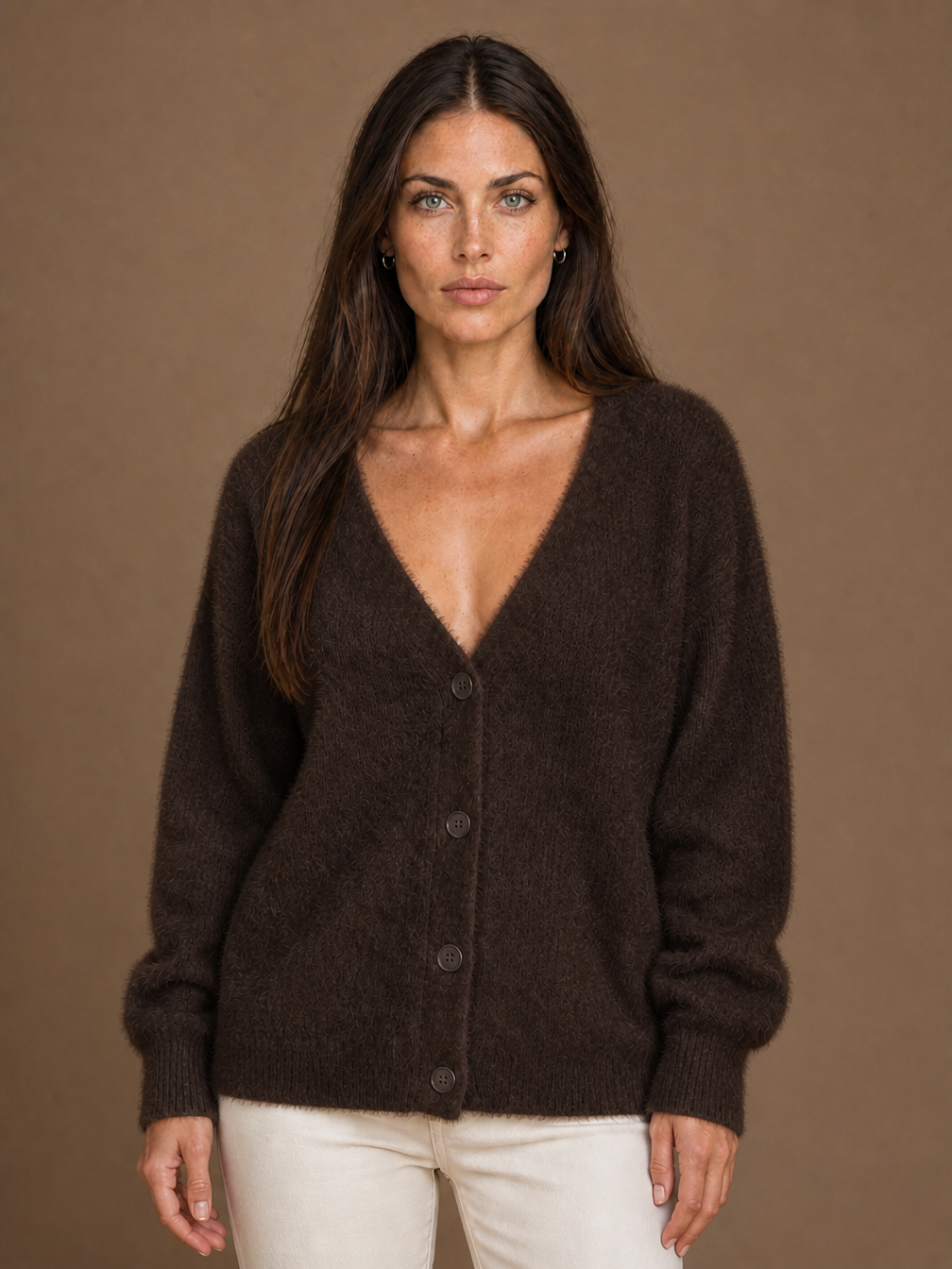 Oversized Faux Cashmere Cardigan with Soft, Cosy Feel - Brown Fur