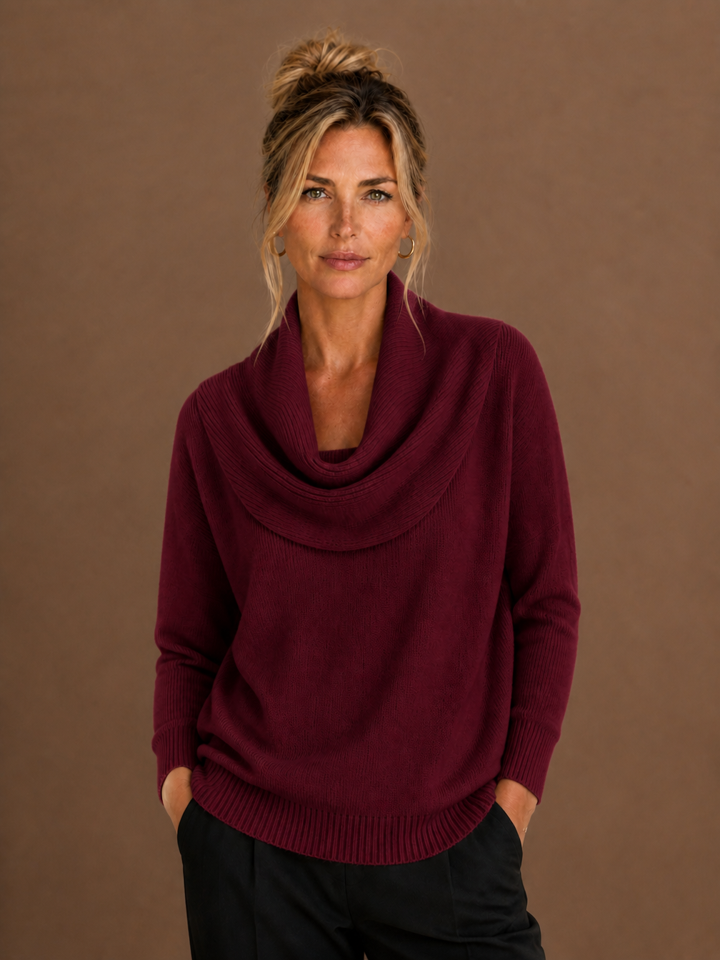 Women's Cowl Neck Knit Sweater Relaxed Pullover - Burgundy