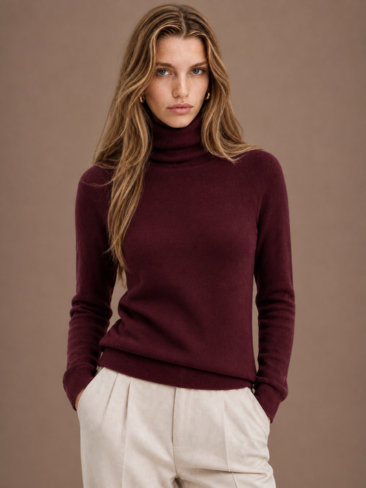 Women's Turtleneck Sweater Long Sleeve Pullover - Burgundy