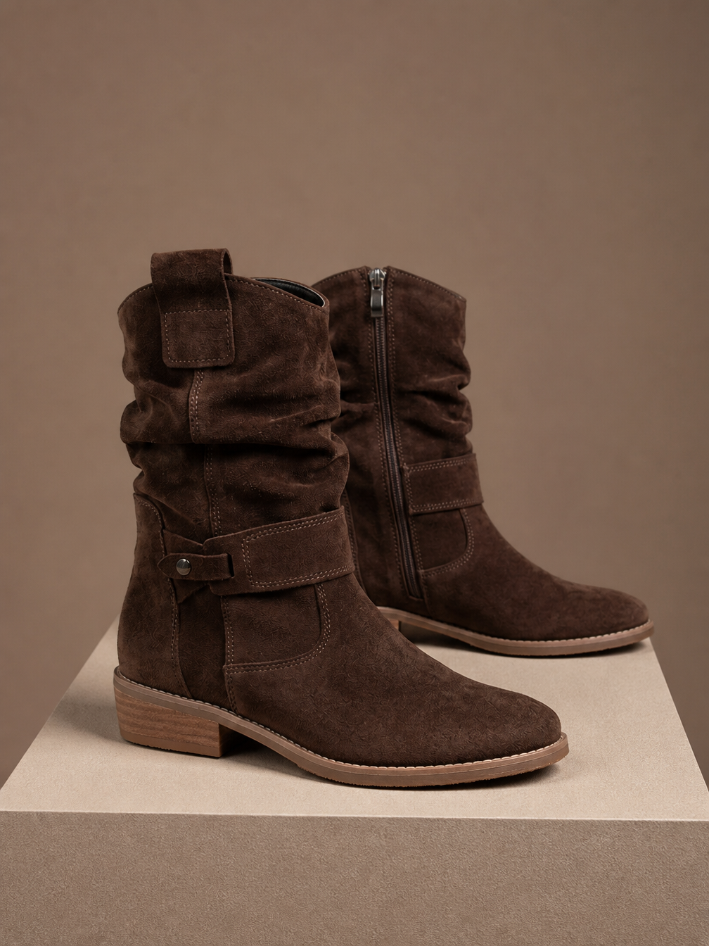 Women's Suede-Effect Slouch Mid-Calf Boots with Low Block Heel and Side Zip - Dark Brown