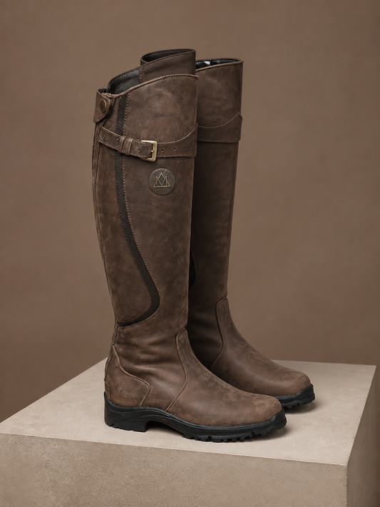 Women’s Brown Knee High Boots – Faux Leather, Buckle Detail, Riding Style - Dark Brown