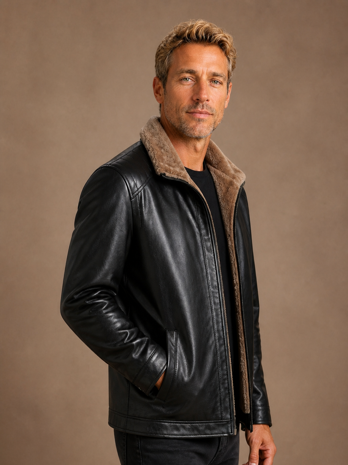 Black leather jacket side view