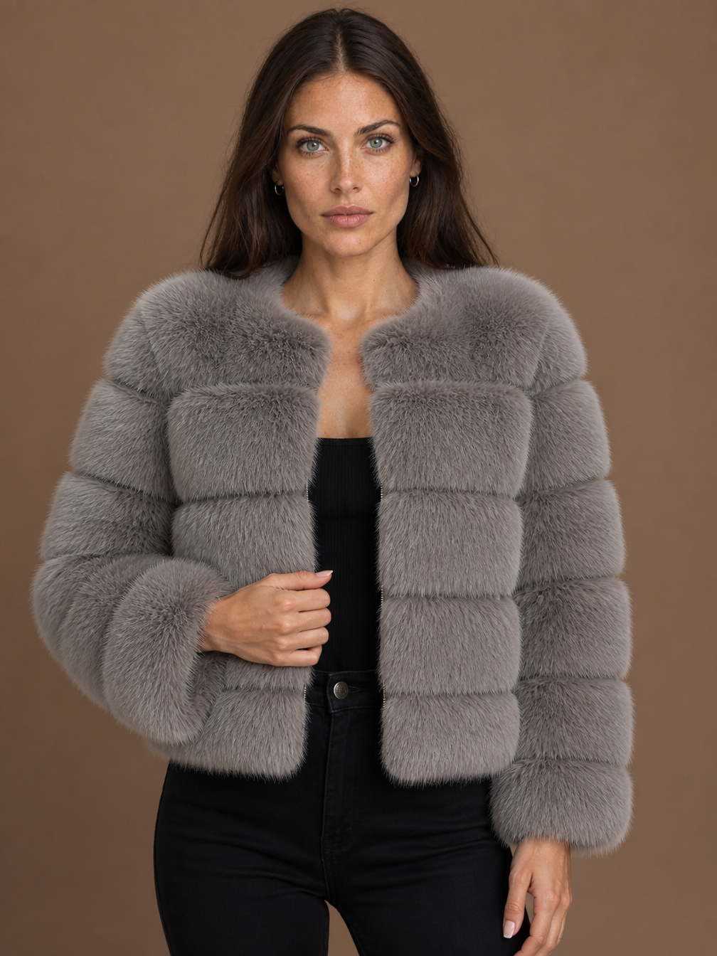 Women's Faux Fur Cropped Jacket – Plush Winter Coat with Relaxed Fit - Gray