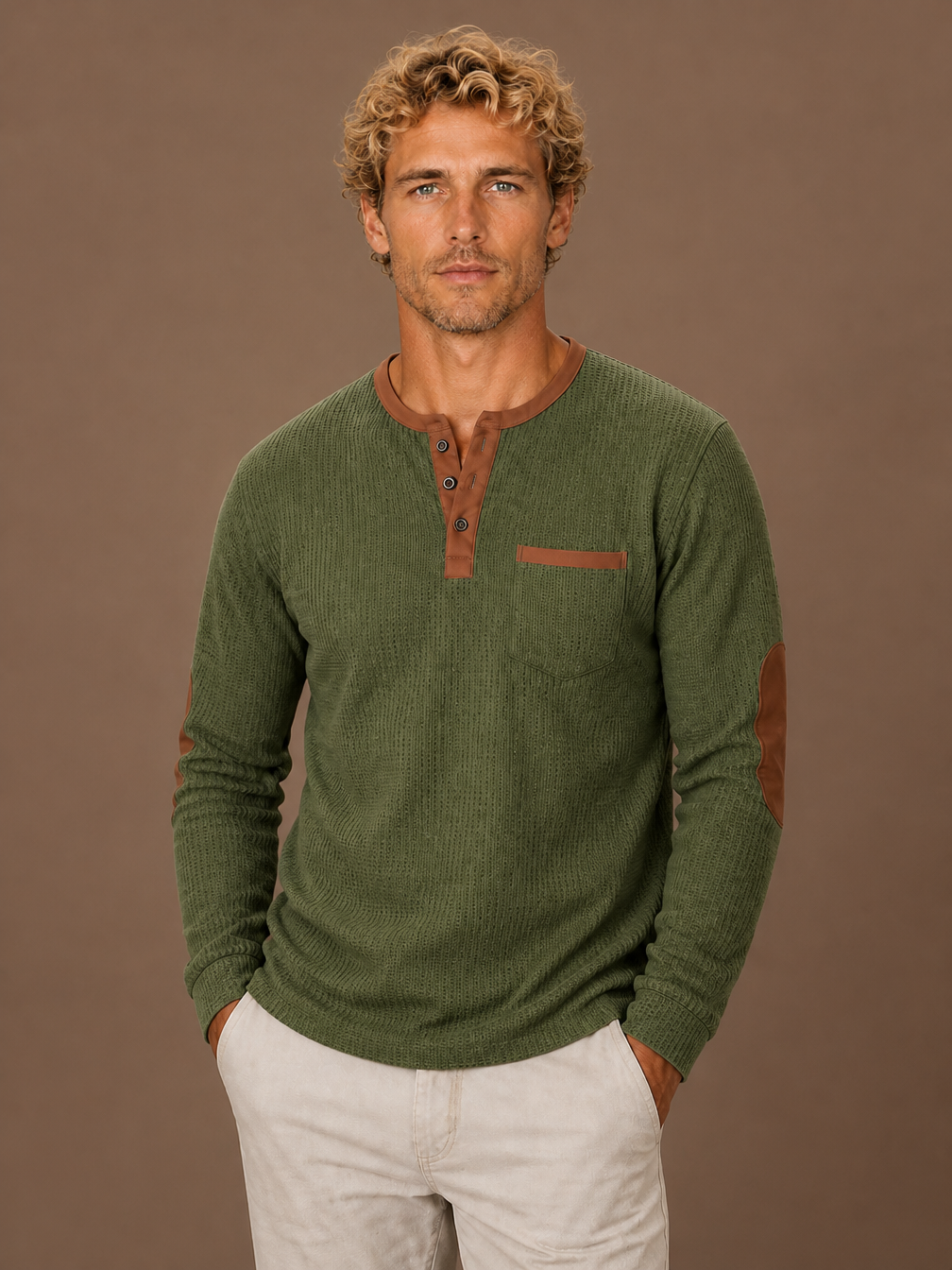 Men's Waffle Knit Henley Shirt Long Sleeve Textured Layering Top - Green
