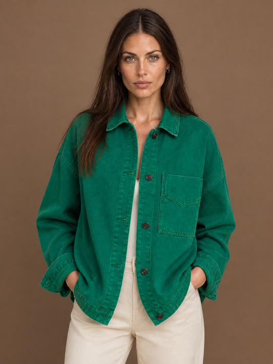 Women's Oversized Washed Denim Jacket with Button Front and Chest Pockets - Green