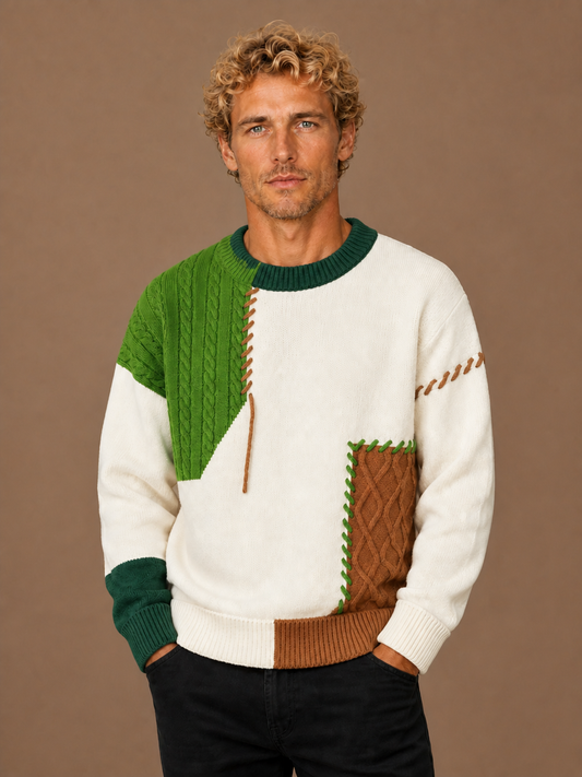 Men's Patchwork Sweater Relaxed Fit Crew Neck Colour Block Jumper - Gren
