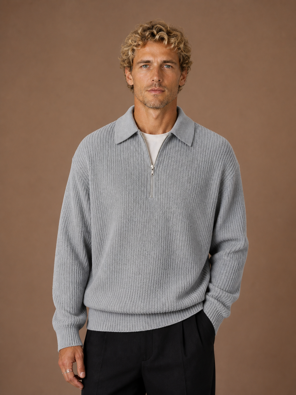 Men's Quarter Zip Sweater Oversized Knit Pullover with Long Sleeves - Grey