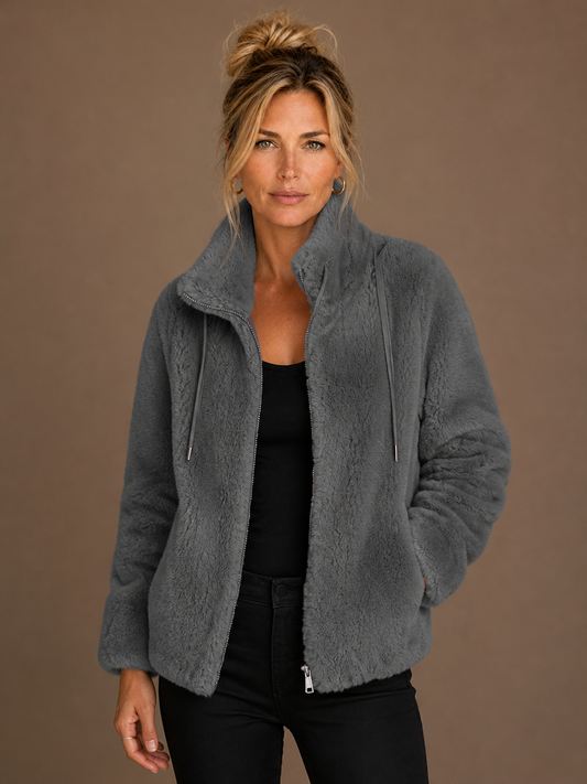 Women's Teddy Fleece Jacket with High Collar and Zip - Grijs
