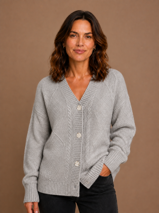 Women's Cashmere Cardigan, Chunky Cable Knit V-Neck Button-Front Long Sleeve Relaxed Fit - Gris
