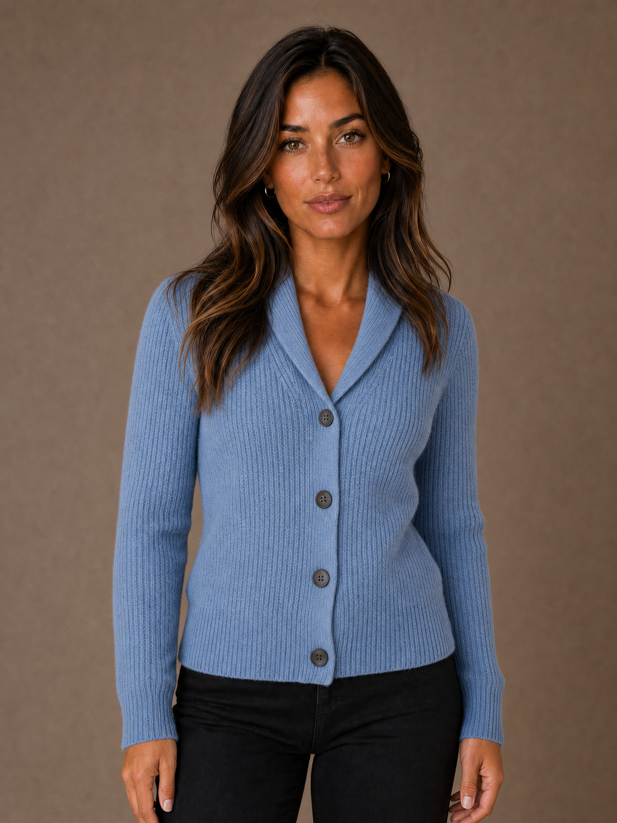 Women's Knit Cardigan with Lapel Collar, Button Front and Long Sleeves - Light blue