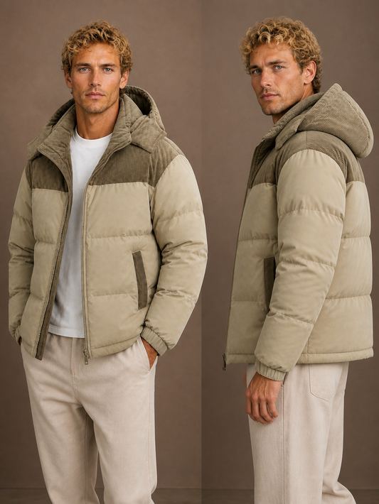 Men's Hooded Winter Autumn Puffer Jacket with Corduroy Collar