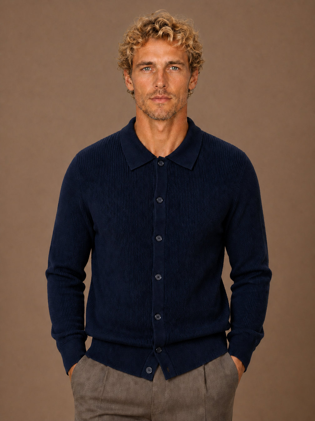 Men’s Knit Cardigan V-Neck Button Front Long Sleeve Sweater - Navy