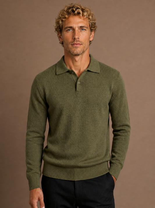 Men's Textured Knit Polo Jumper Relaxed Fit Open Collar Long Sleeve - OLIVE GREEN