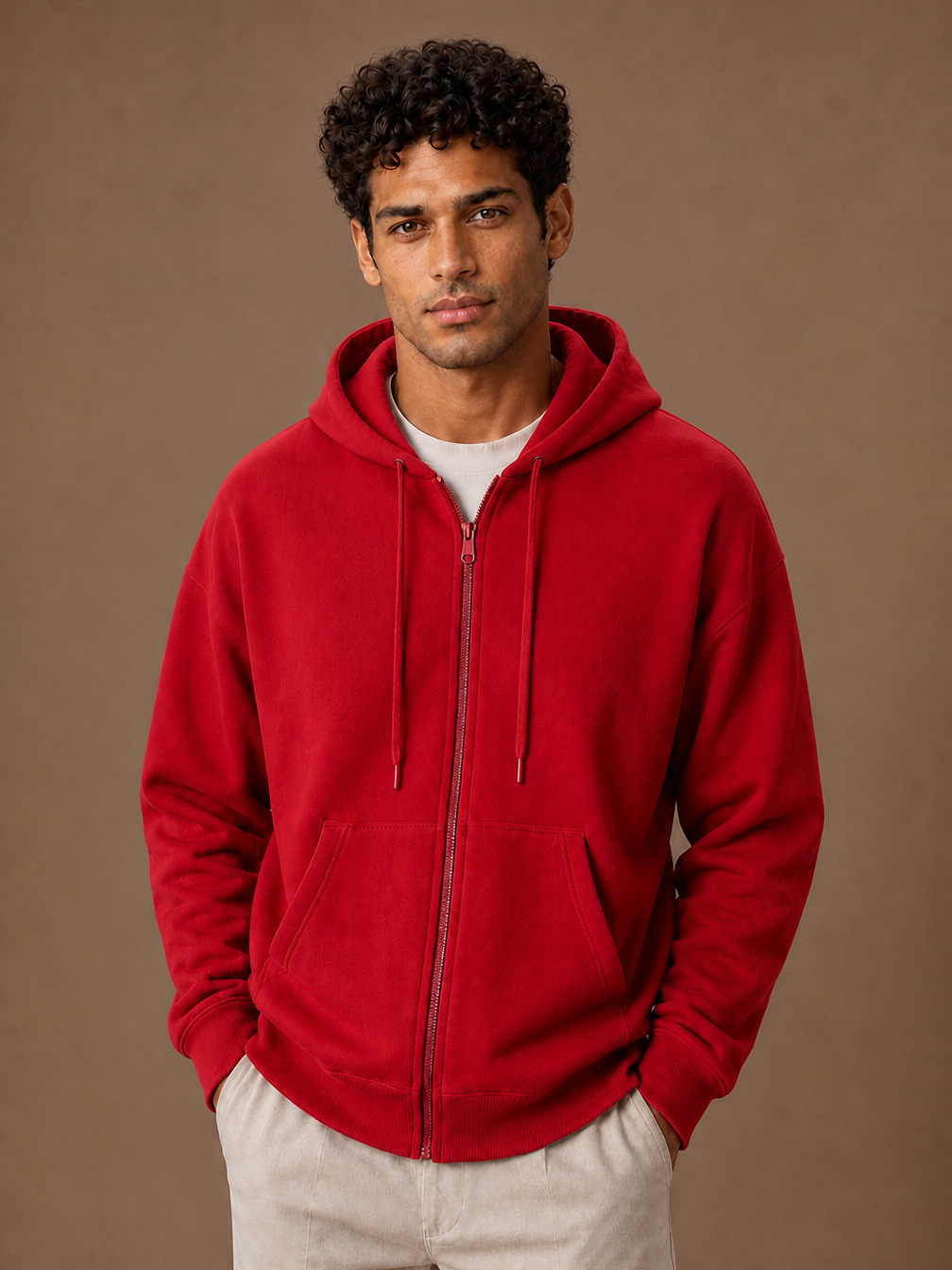 Men's Full-Zip Hoodie Sweatshirt with Long Sleeves - Red