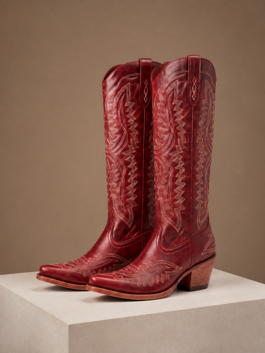 Women’s Knee-High Western Cowboy Boots with Pointed Toe and Contrast Stitching - Red