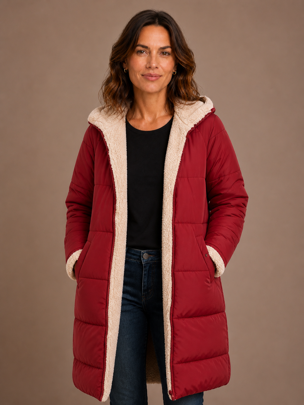 Women's Quilted Longline Coat with Hood and Sherpa Lining - Red
