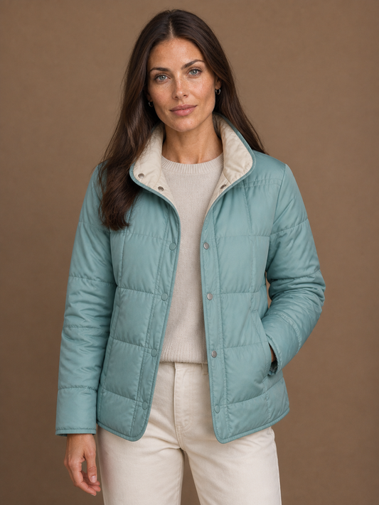 Women's Reversible Quilted Duck Down Jacket with Snap Buttons - Teal