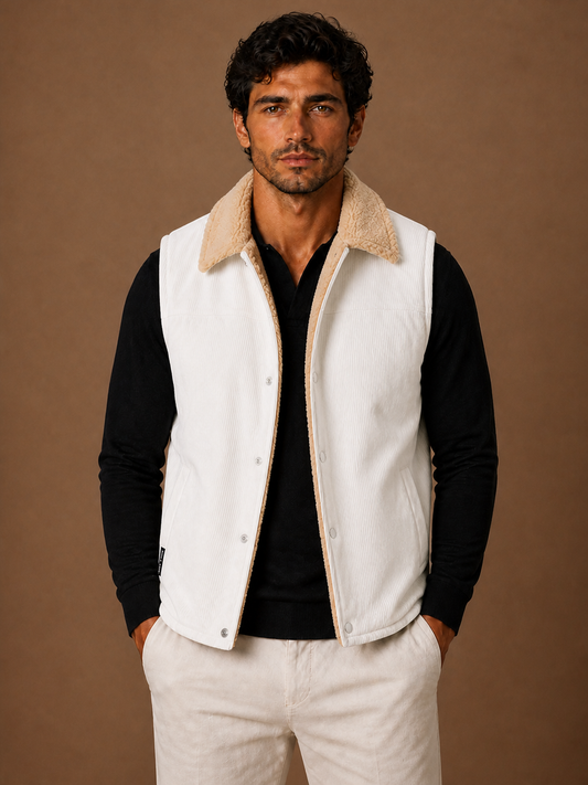Men's Sherpa-Lined Corduroy Gilet Winter Sleeveless Layering Vest - White