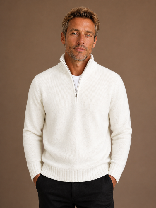 Men's Half-Zip Knit Sweater Pullover with Long Sleeves - White
