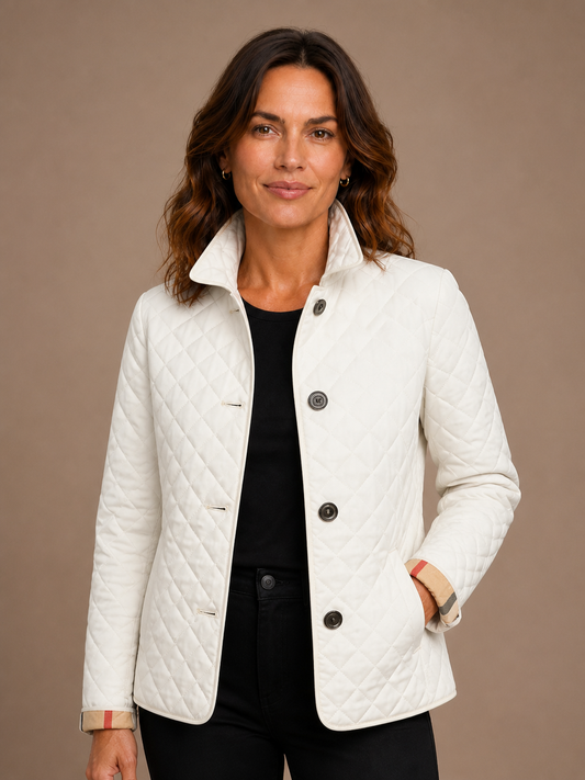 Women's Lightweight Quilted Jacket with Lapel Collar and Relaxed Fit - White