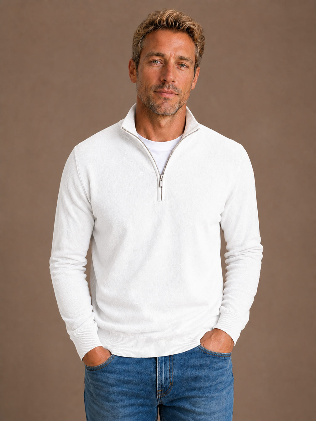 Men’s Wool-Blend Half-Zip Sweater with High Collar, Regular Fit - White