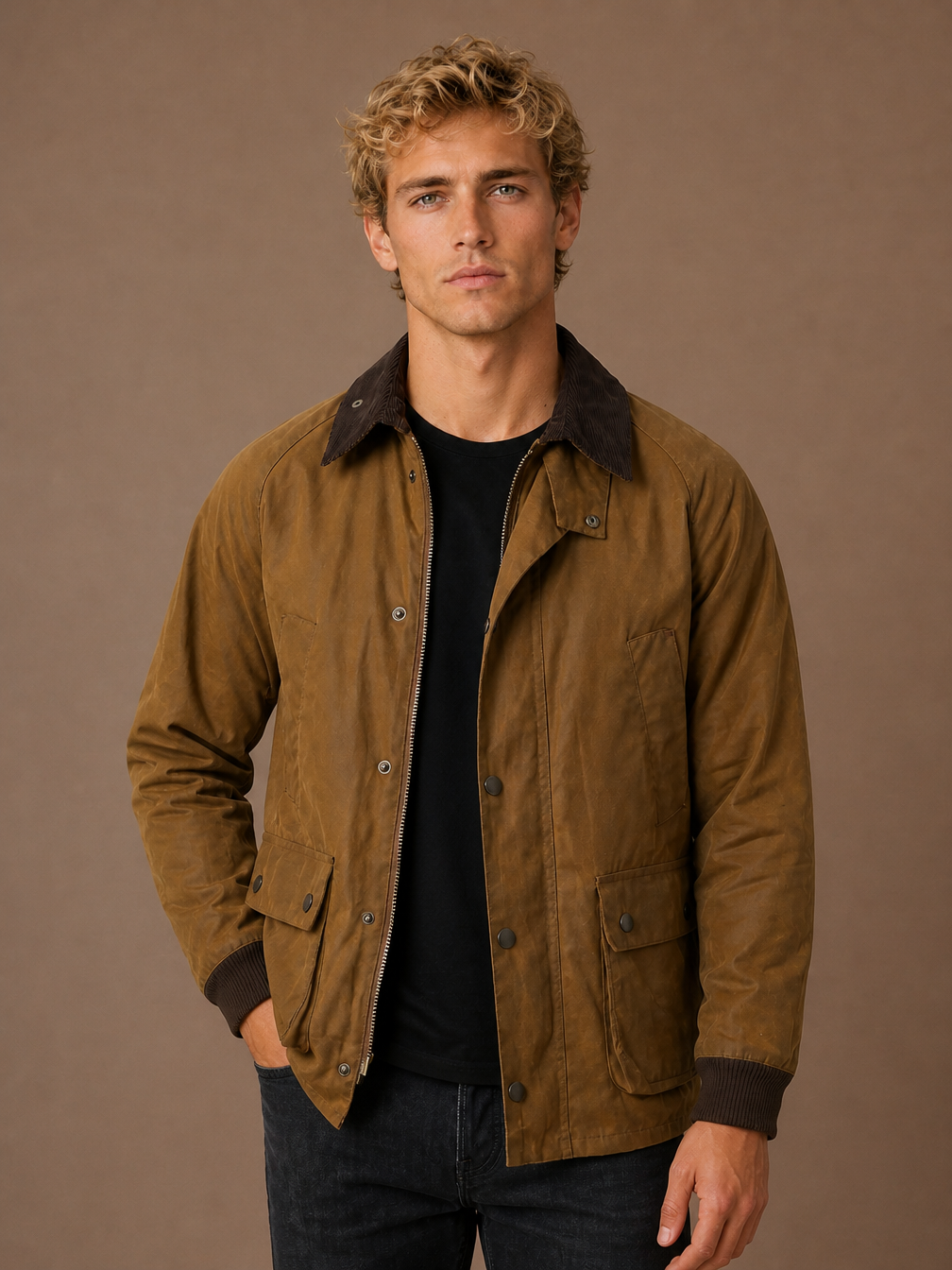 Men’s Oil-Waxed Style Jacket with Corduroy Collar, Loose Fit Zip-Front Workwear Jacket - Yellow Brown