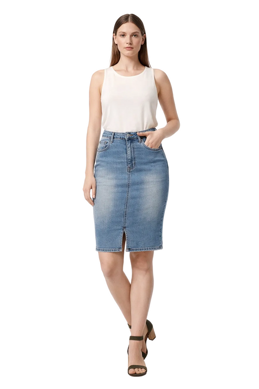 Blue Denim Knee-Length Skirt with Front Slit