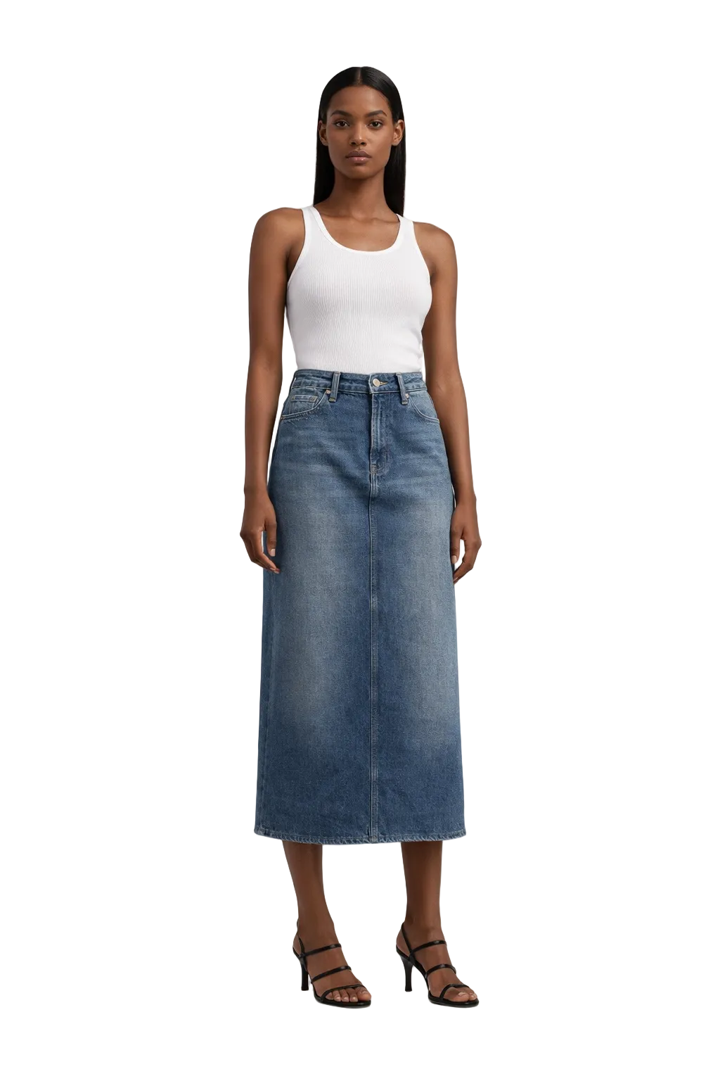 Blue Denim Midi Skirt with Straight Silhouette