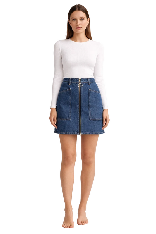 Blue Denim Mini Skirt with Front Zipper