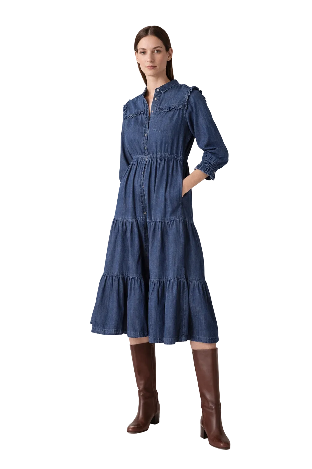 Blue Denim Tiered Midi Dress with Button Front