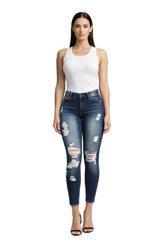 Blue Distressed Skinny Denim Jeans with Faded Wash