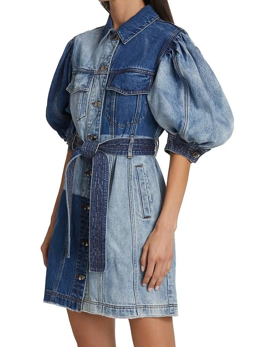 Blue Patchwork Denim Mini Dress with Belt and Puff Sleeves