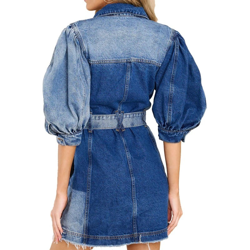 Blue Patchwork Denim Mini Dress with Belt and Puff Sleeves