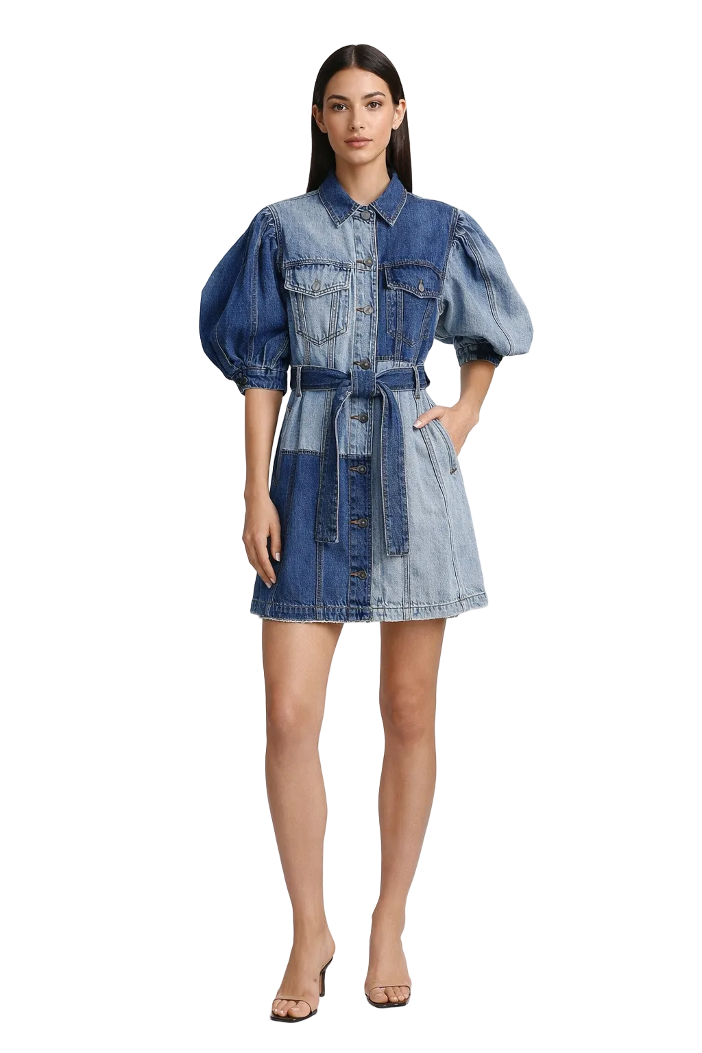 Blue Patchwork Denim Mini Dress with Belt and Puff Sleeves